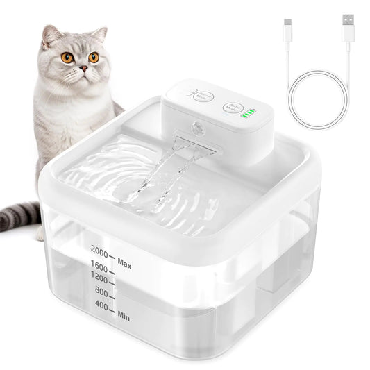 Wireless Cat FountainCat Water Fountain Battery Operated 68Oz/2L Cordless Drinking Fountain for Cats Indoor Automatic Cat Water Dispenser with Quiet Motion Sensor 3 Work Modes (White Square)